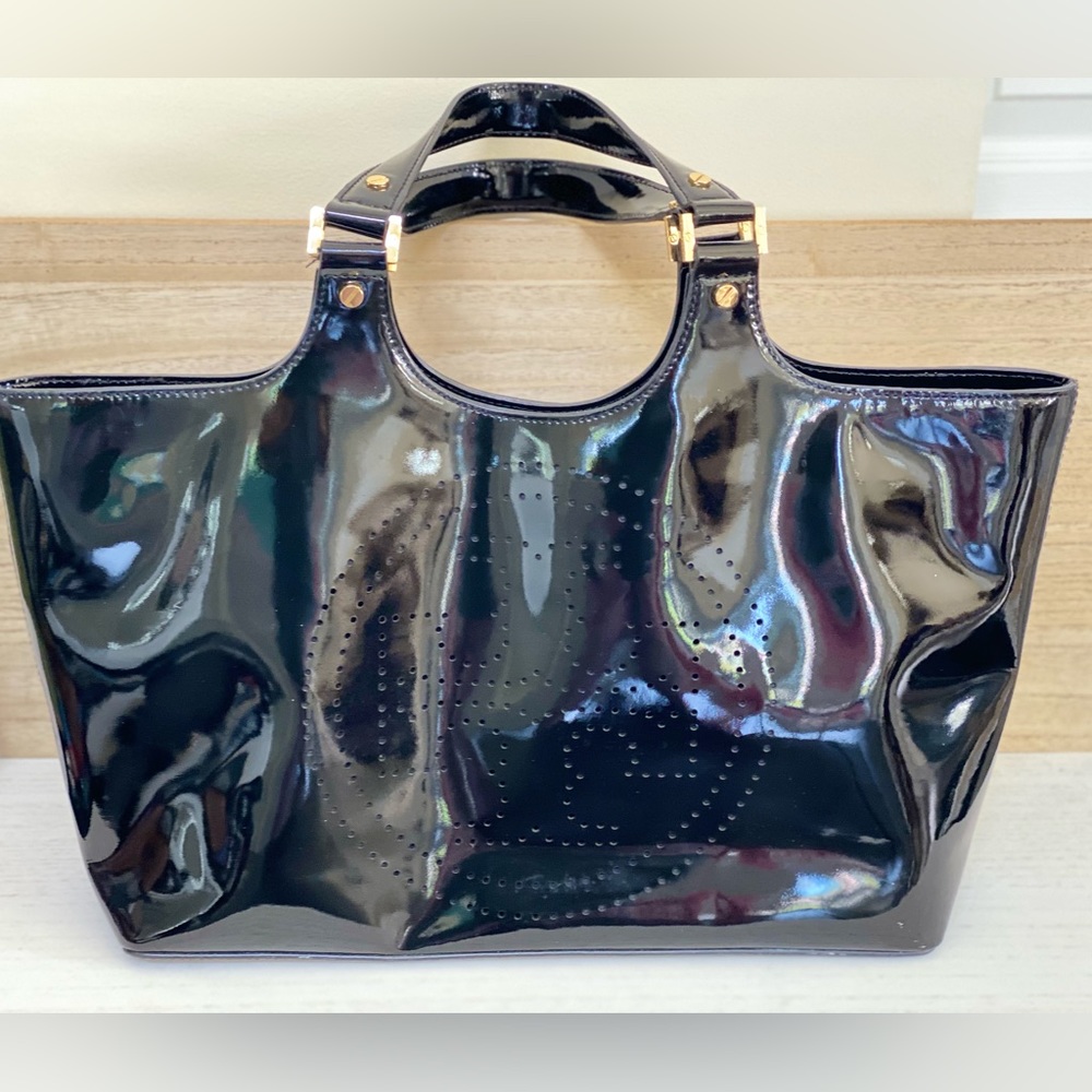 Tory Burch Black Patent Leather Perforated Tote